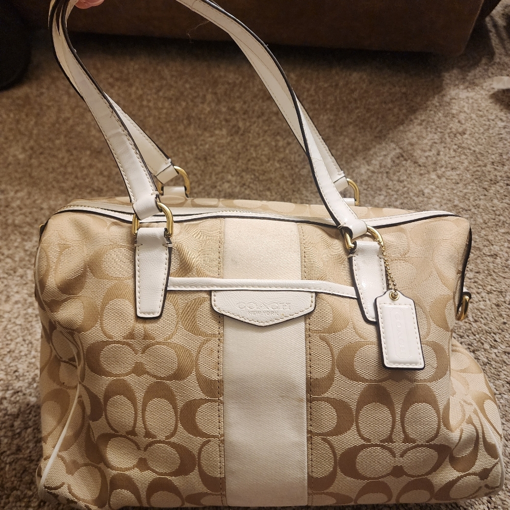 Coach Beige and White Signature Satchel